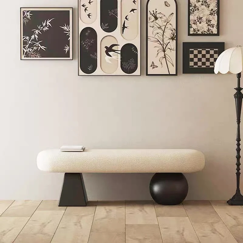 Contemporary Nordic Oval Carbon Steel Plywood Sherpa Fabric Sponge Bench Backless Armless For Entryway