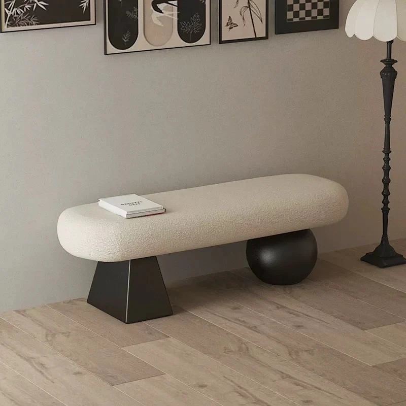 Contemporary Nordic Oval Carbon Steel Plywood Sherpa Fabric Sponge Bench Backless Armless For Entryway