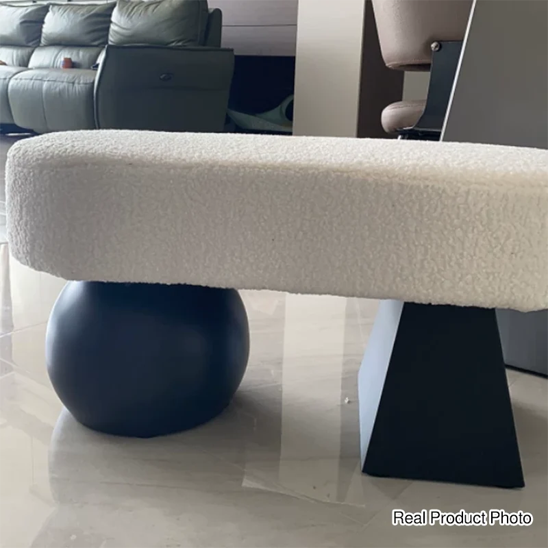 Contemporary Nordic Oval Carbon Steel Plywood Sherpa Fabric Sponge Bench Backless Armless For Entryway