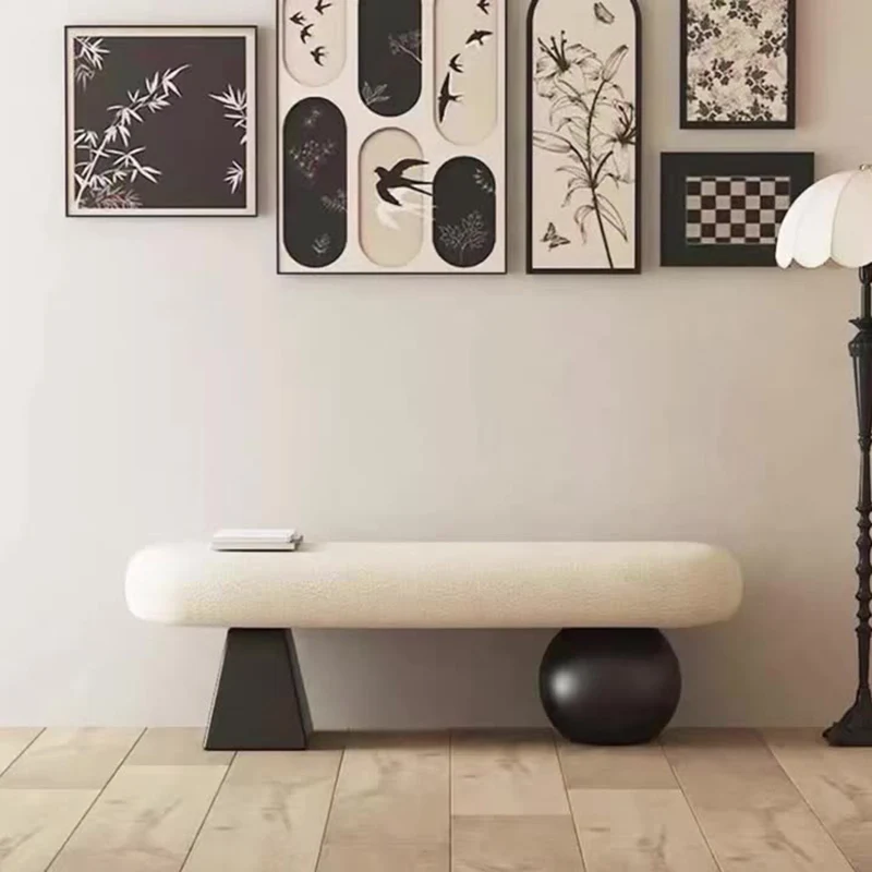 Contemporary Nordic Oval Carbon Steel Plywood Sherpa Fabric Sponge Bench Backless Armless For Entryway