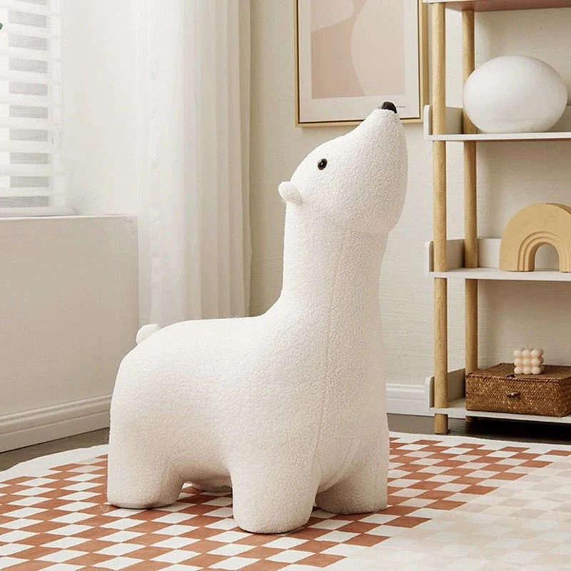 Contemporary Creative Polar Bear Solid Wood Sherpa Fabric Kids Stool Movable For Living Room