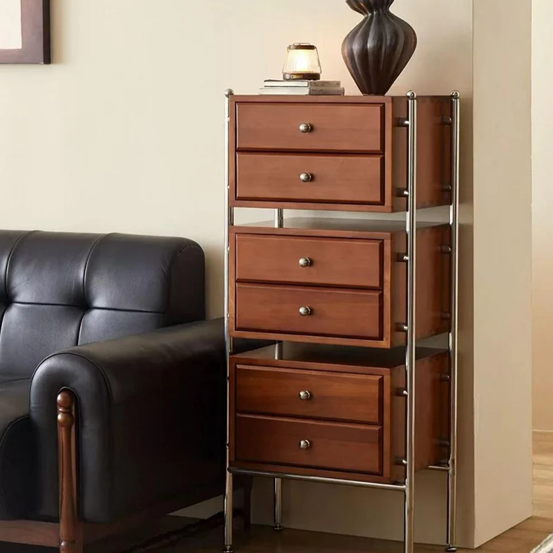 Contemporary Retro Square Solid Wood Stainless Steel Storage Cabinet 6-Drawer For Living Room