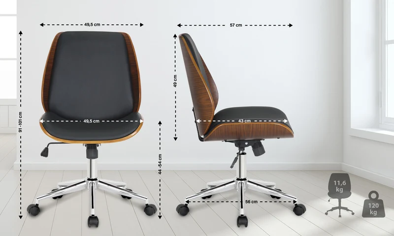 Fauteuil de bureau sur roulettes pivotante et réglable design moderne synthétique noir bois et métal chromé BUR10682