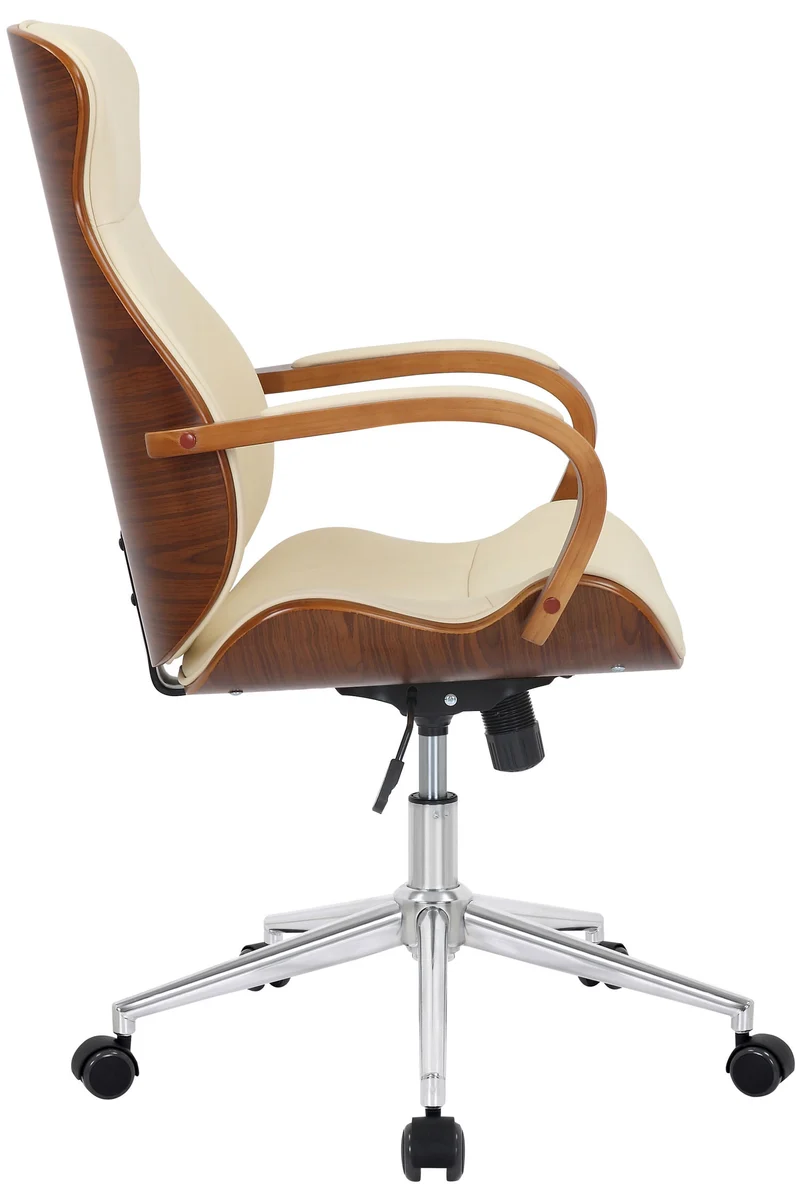 Fauteuil de bureau avec roulettes synthétique crème et bois noyer hauteur réglable BUR10462