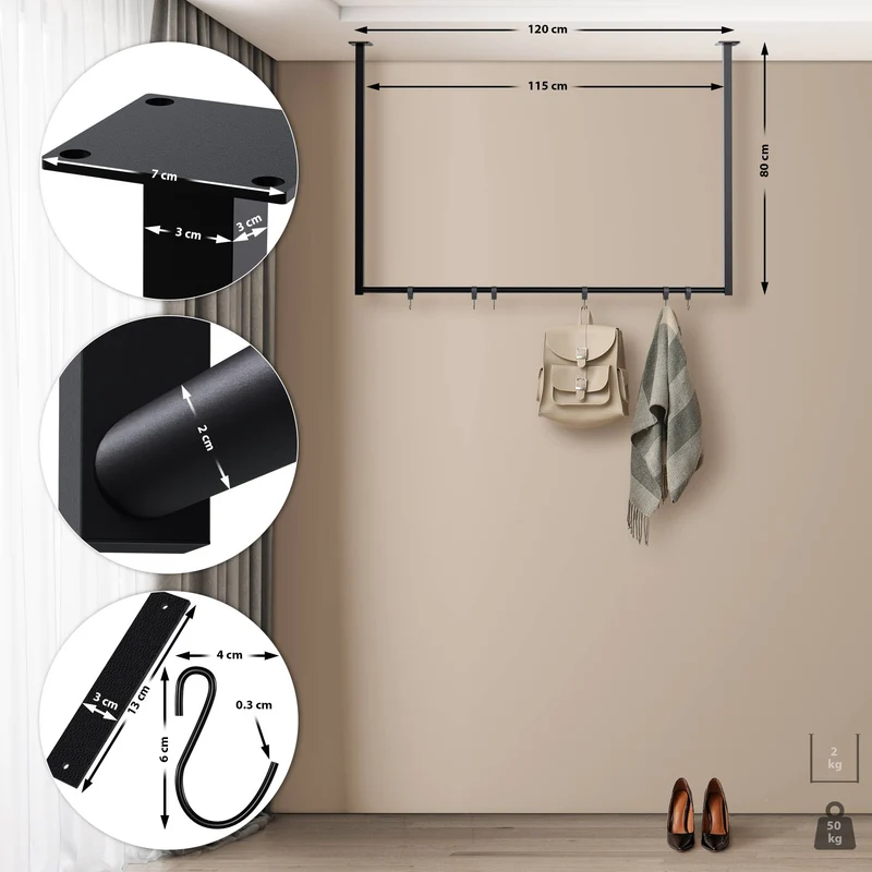Tringle à vêtements suspendue porte-manteau avec 6 patères 120x80 cm acier thermolaqué noir 10_0009042
