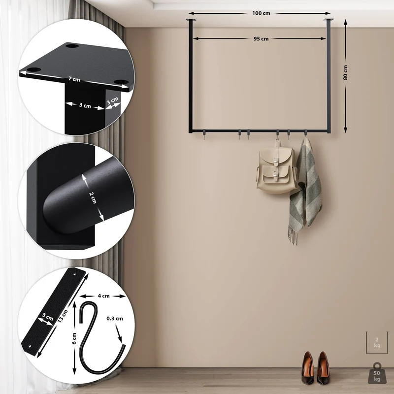 Tringle à vêtements suspendue porte-manteau avec 6 patères 100x80 cm acier thermolaqué noir 10_0009011