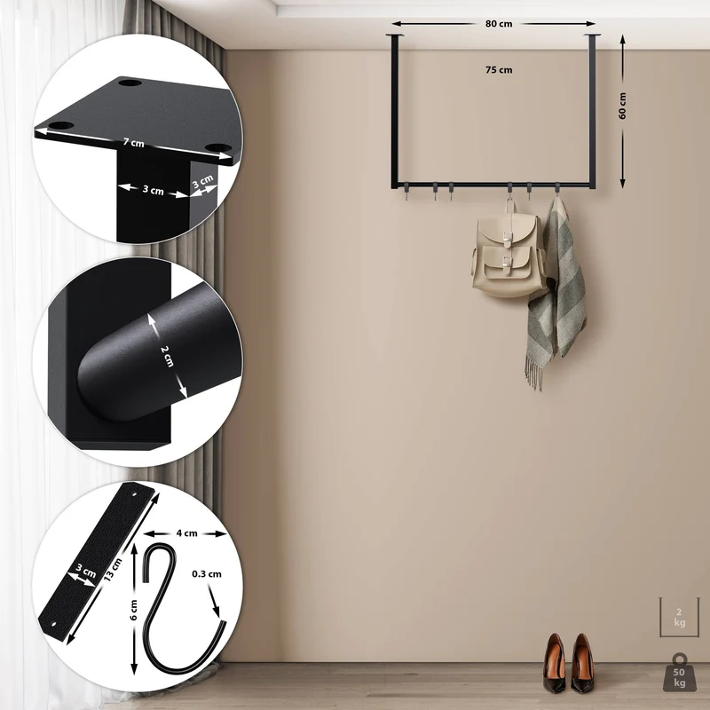 Tringle à vêtements suspendue porte-manteau avec 6 patères 80x80 cm acier thermolaqué noir 10_0009018