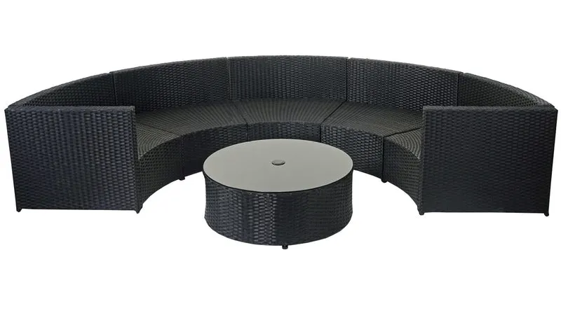 Salon de jardin arrondi 5 places modulable avec table et coussins poly rotin noir coussins gris foncé et terracotta 04_0011066
