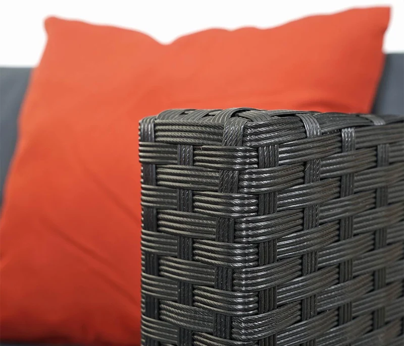 Salon de jardin arrondi 5 places modulable avec table et coussins poly rotin noir coussins gris foncé et terracotta 04_0011066