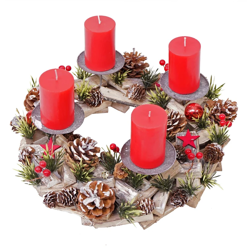 Couronne de l’Avent ronde avec 4 bougies décoration de Noël en bois rouge et métal 04_0010911