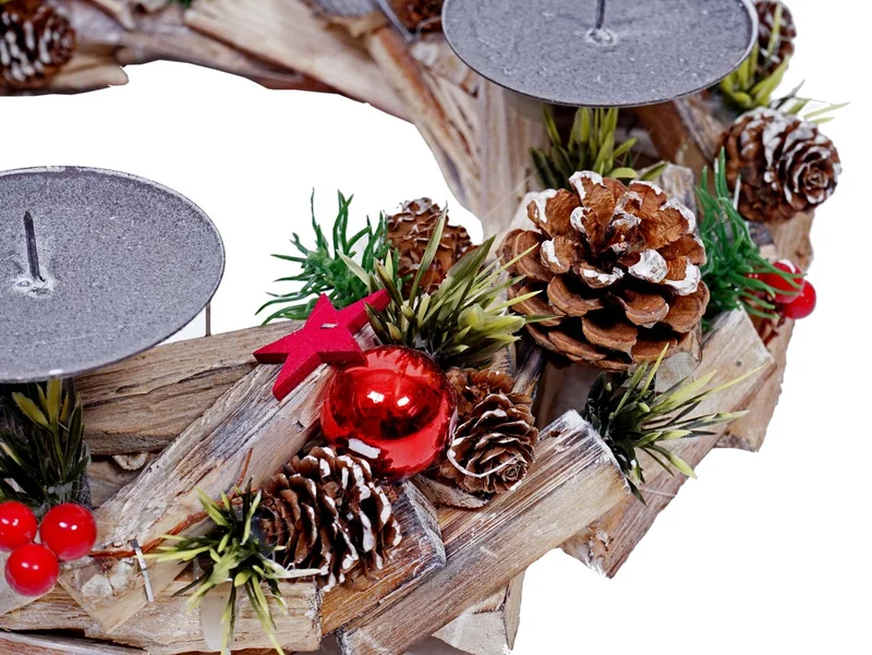 Couronne de l’Avent ronde avec 4 bougies décoration de Noël en bois rouge et métal 04_0010911