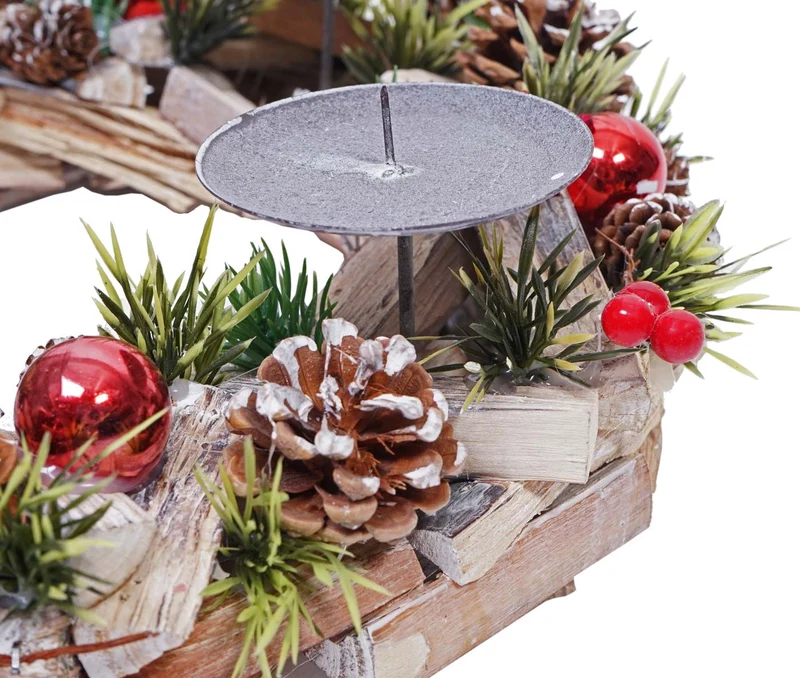 Couronne de l’Avent ronde avec 4 bougies décoration de Noël en bois rouge et métal 04_0010911