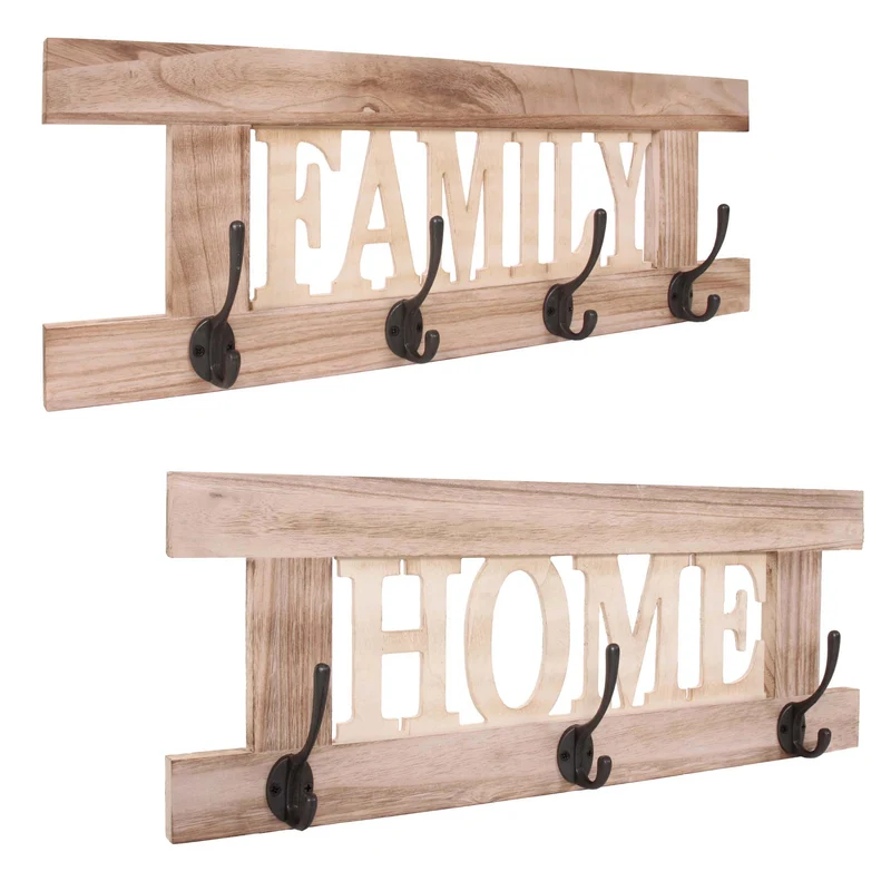 Set de 2 patères murales vintage Home Family avec crochets bois de paulownia naturel brun et métal 04_0011167