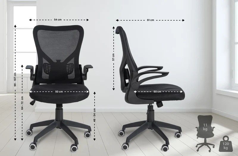 Chaise de bureau sur roulettes accoudoirs rabattables dossier en maille respirante noir 10_0006959