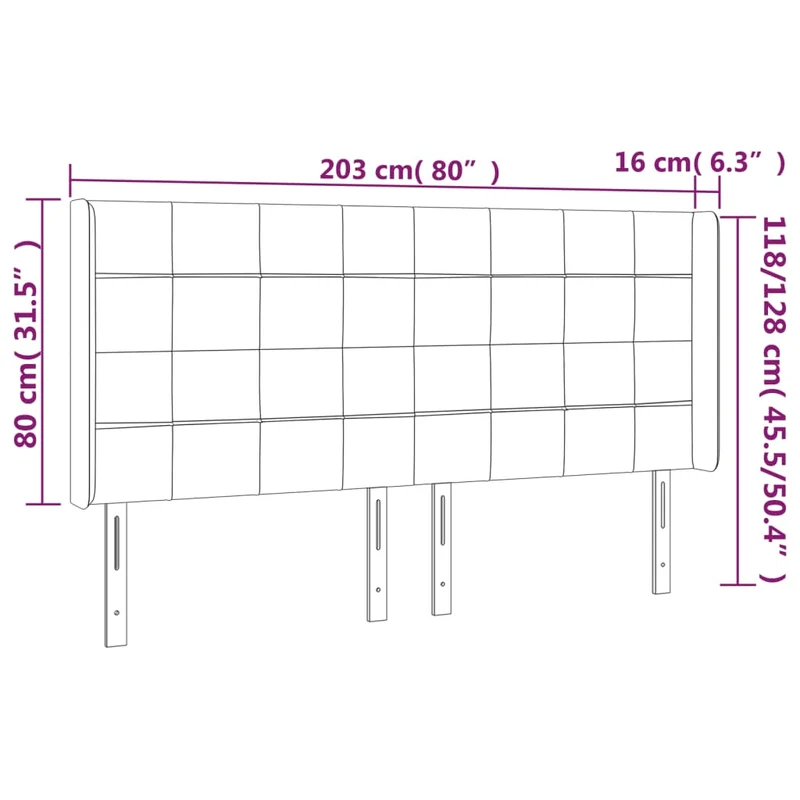 Tête de lit accessoire couchage chambre à coucher meuble avec rebord latéral 203 x 16 x 118/128 cm Tissu velours noir TDL0204499