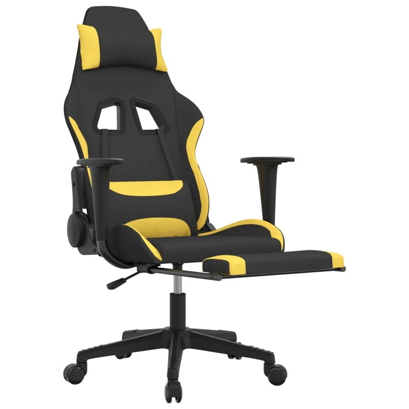 Fauteuil de bureau chaise gaming avec coussin lombaire avec repose-pieds en tissu noir et jaune DEC025840