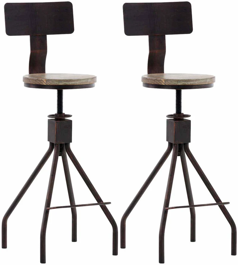 Lot de 2 chaises haute avec repose-pieds avec dossier style industriel – assise bois massif et structure métal bronze 10_0006489
