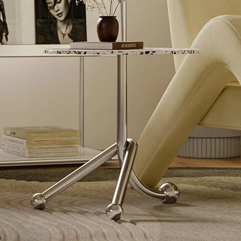 Traditional French Terrazzo Stainless Steel Round Curved End Table 1-Tier For Living Room