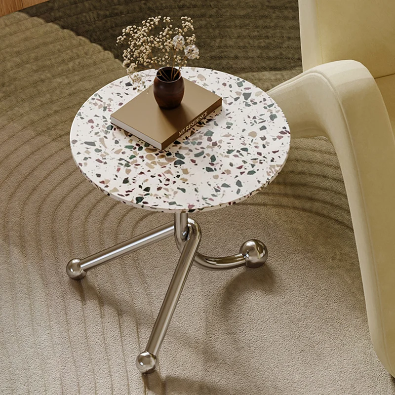 Traditional French Terrazzo Stainless Steel Round Curved End Table 1-Tier For Living Room