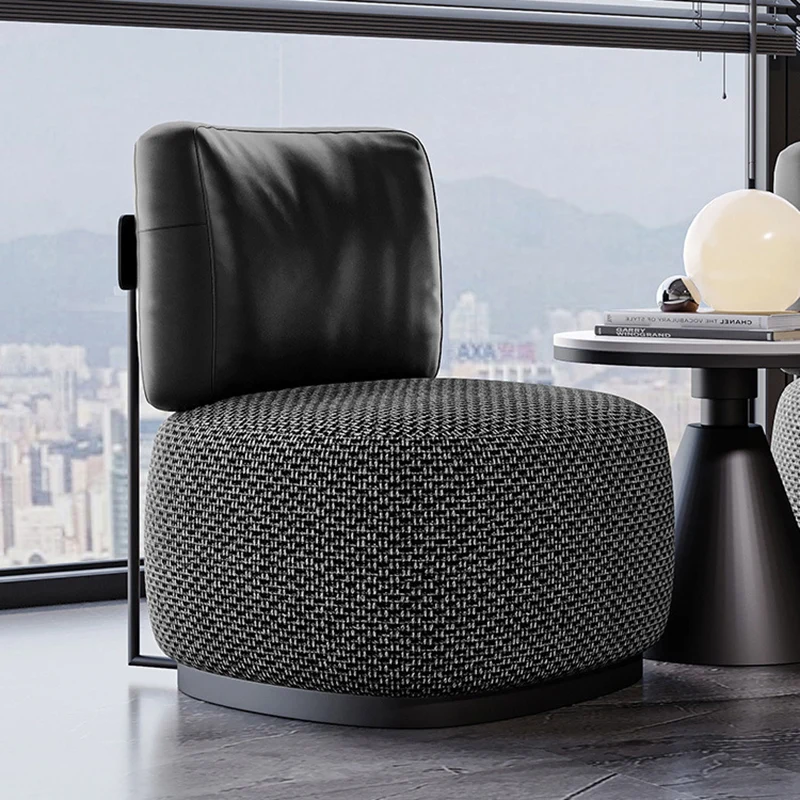 Contemporary Scandinavian Linen PU Leather Carbon Steel Round Square Accent Chair With Backrest For Living Room