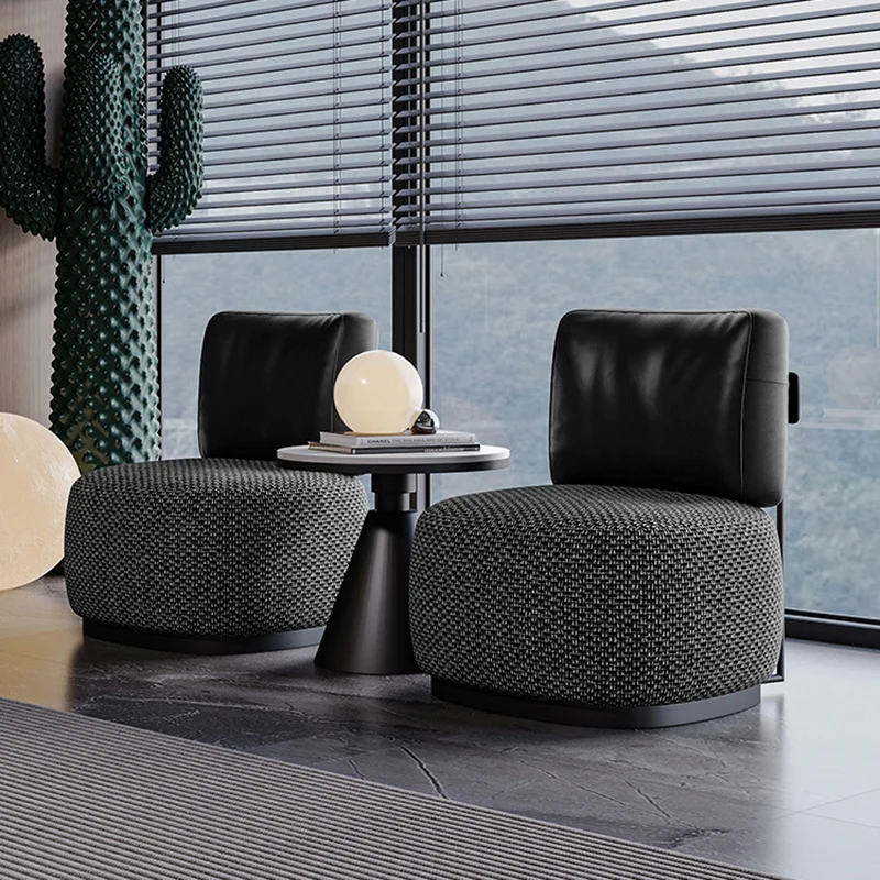 Contemporary Scandinavian Linen PU Leather Carbon Steel Round Square Accent Chair With Backrest For Living Room