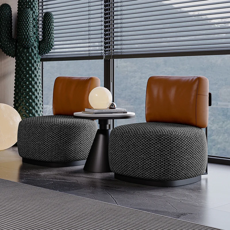 Contemporary Scandinavian Linen PU Leather Carbon Steel Round Square Accent Chair With Backrest For Living Room