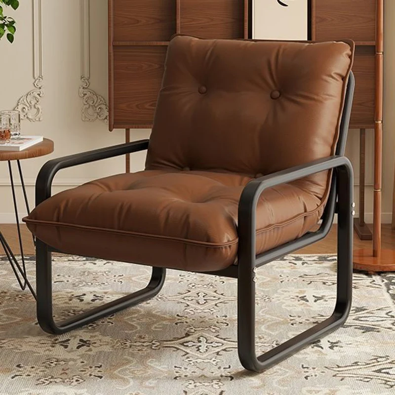 Modern Minimalist Faux Leather Iron Sponge Curved Accent Chair Backrest Armrest For Living Room