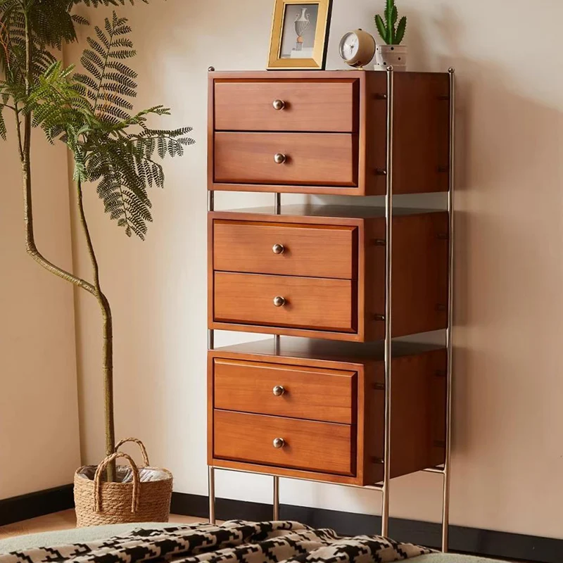 Contemporary Retro Rectangular Stainless Steel Rubberwood Pine Wood Cherry Wood Storage Cabinet 6-Drawer For Living Room