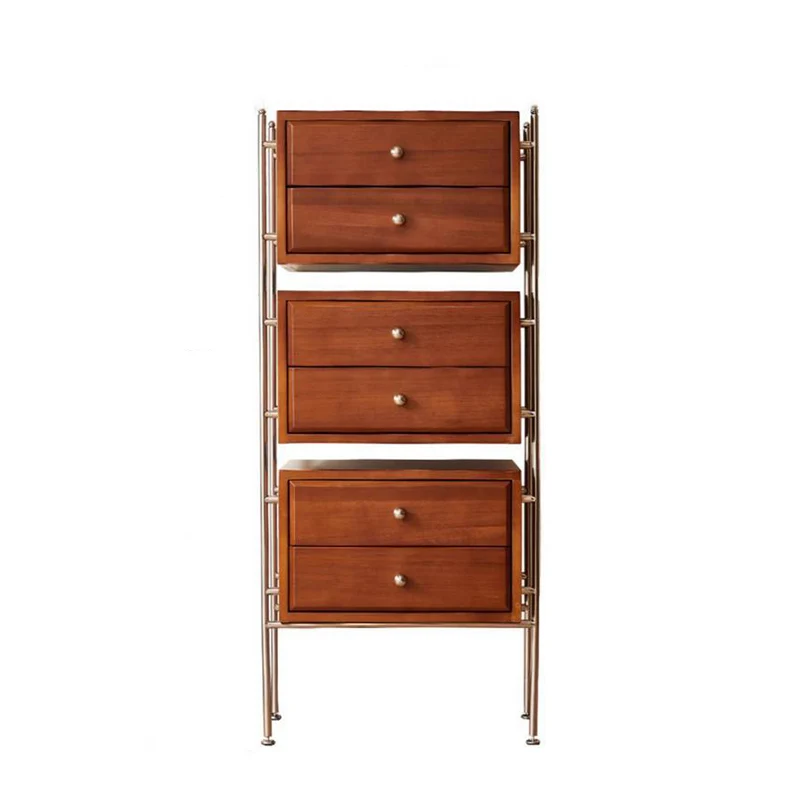 Contemporary Retro Rectangular Stainless Steel Rubberwood Pine Wood Cherry Wood Storage Cabinet 6-Drawer For Living Room