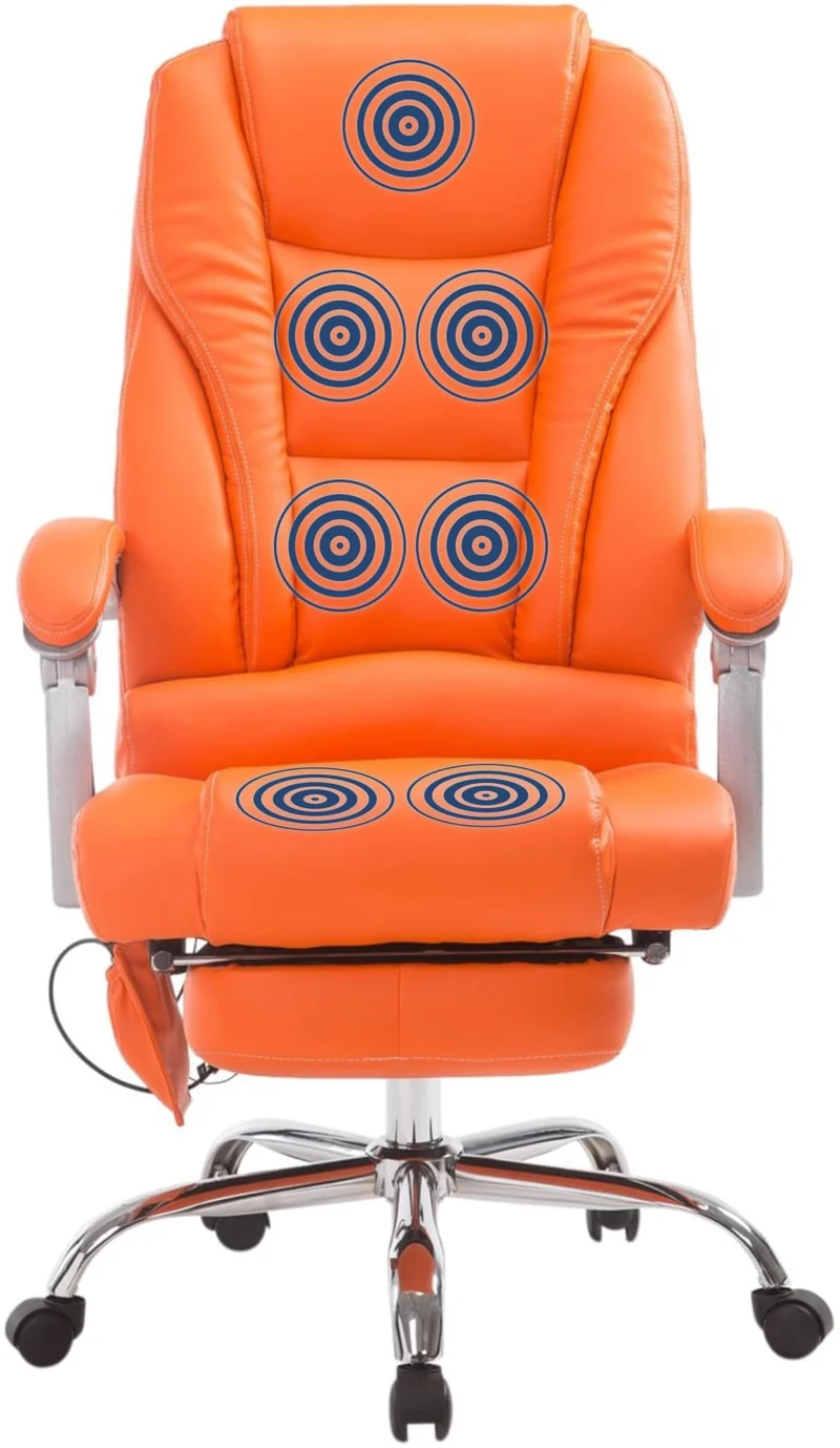 Fauteuil de bureau ergonomique fonction massage avec repose-pieds extensible accoudoirs PVC orange et métal 10_0007037