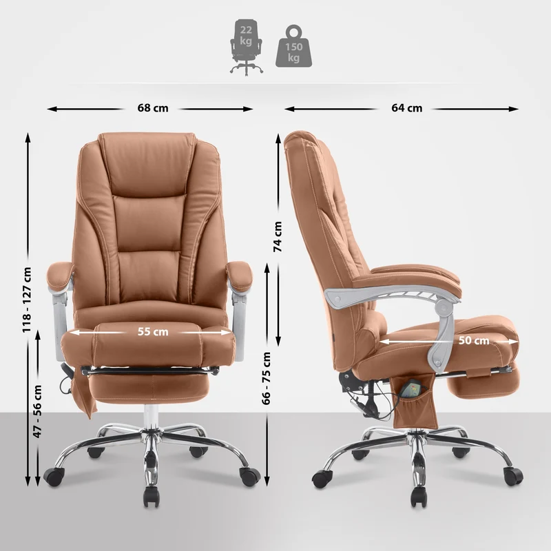 Fauteuil de bureau avec fonction massage repose-pieds en cuir synthétique marron clair et métal 10_0006932