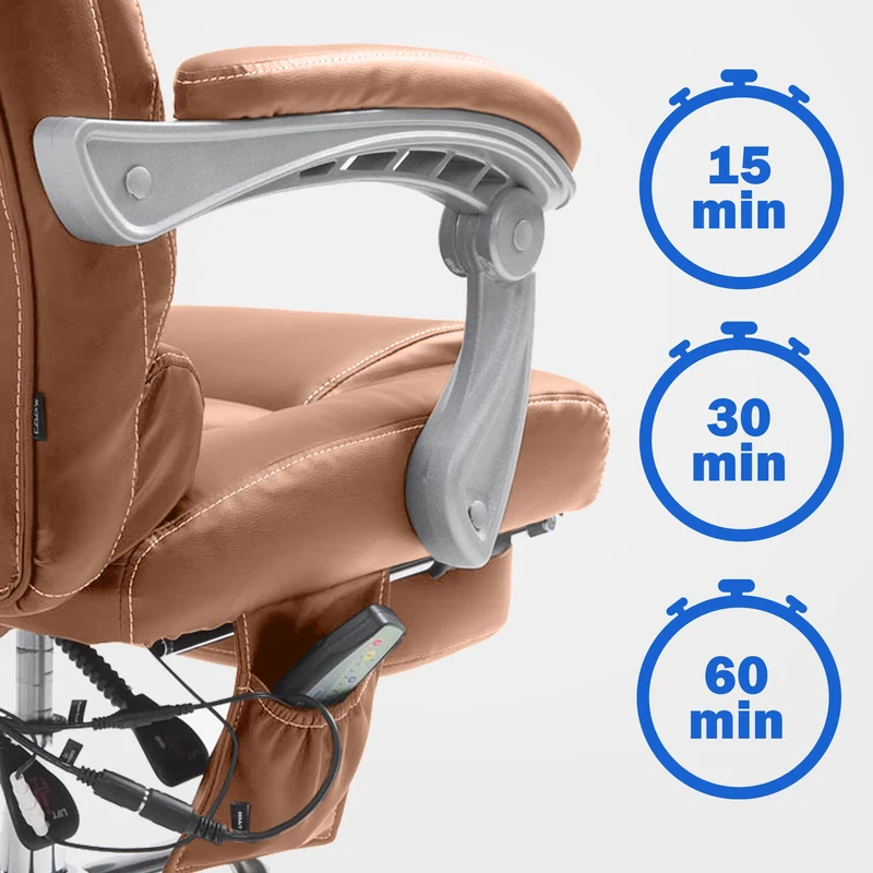 Fauteuil de bureau avec fonction massage repose-pieds en cuir synthétique marron clair et métal 10_0006932