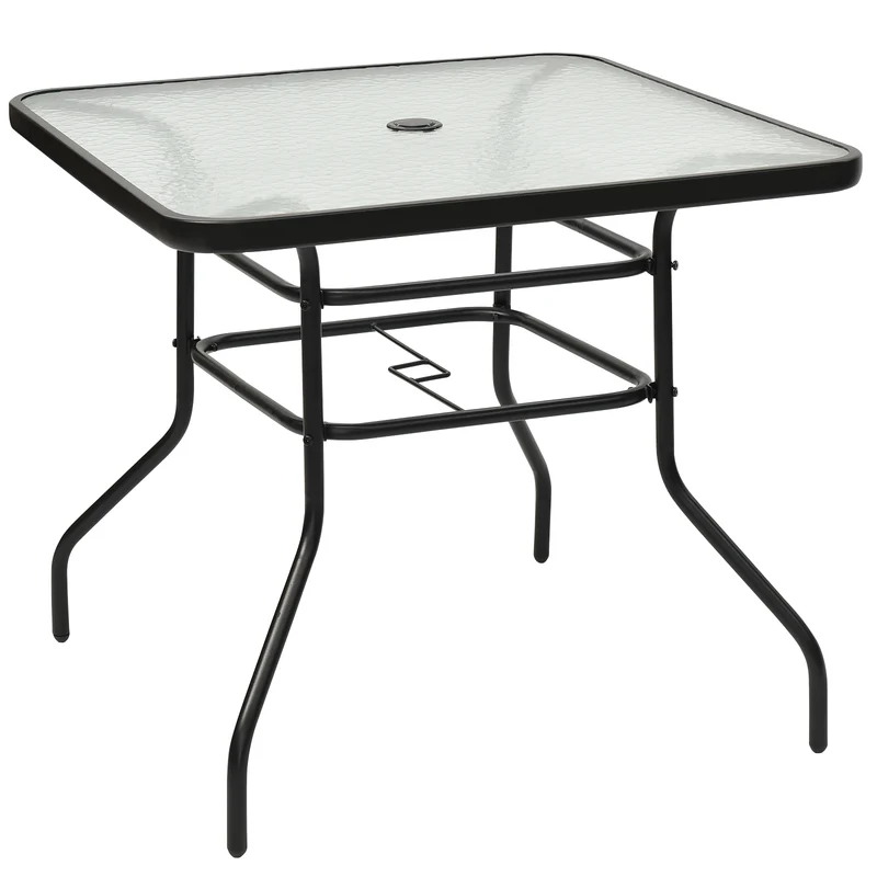 Table de jardin carrée en métal avec plateau en verre 81x81x71 cm de style moderne pour terrasse balcon noir 20_0001197