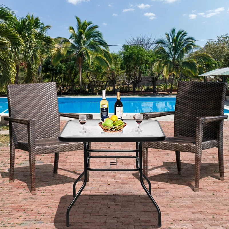 Table de jardin carrée en métal avec plateau en verre 81x81x71 cm de style moderne pour terrasse balcon noir 20_0001197