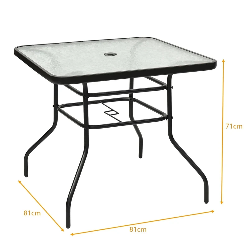 Table de jardin carrée en métal avec plateau en verre 81x81x71 cm de style moderne pour terrasse balcon noir 20_0001197