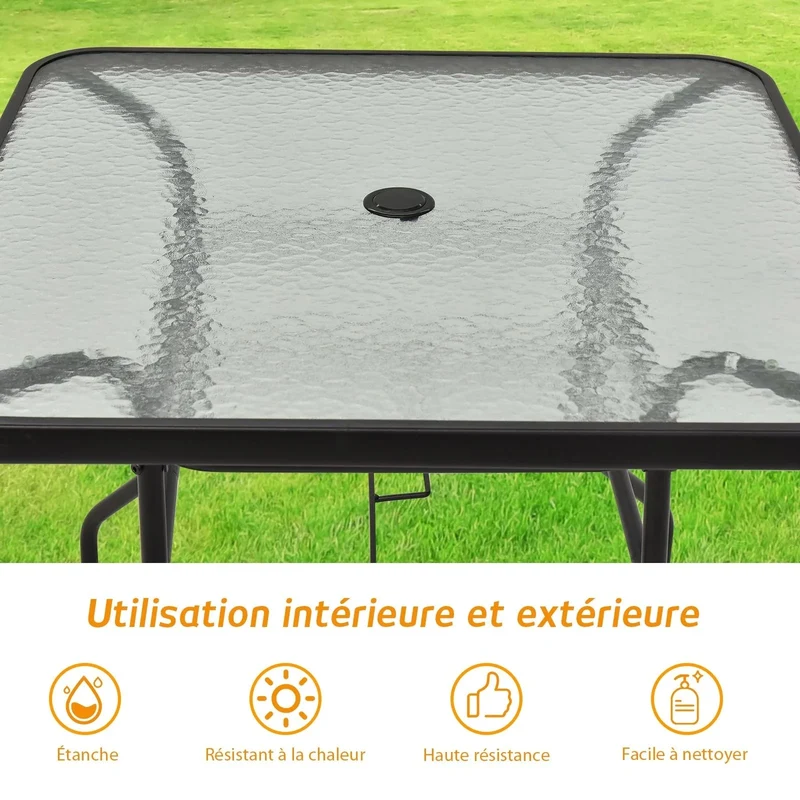 Table de jardin carrée en métal avec plateau en verre 81x81x71 cm de style moderne pour terrasse balcon noir 20_0001197