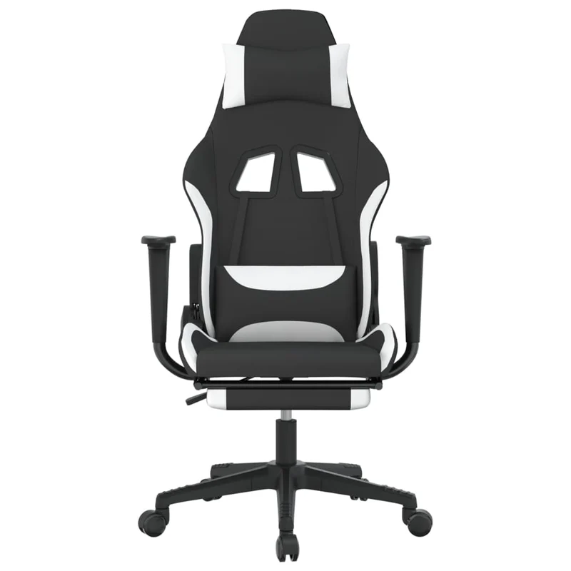 Fauteuil de bureau chaise gaming sur roulettes avec coussin lombaire avec repose-pieds en tissu blanc et noir DEC025833