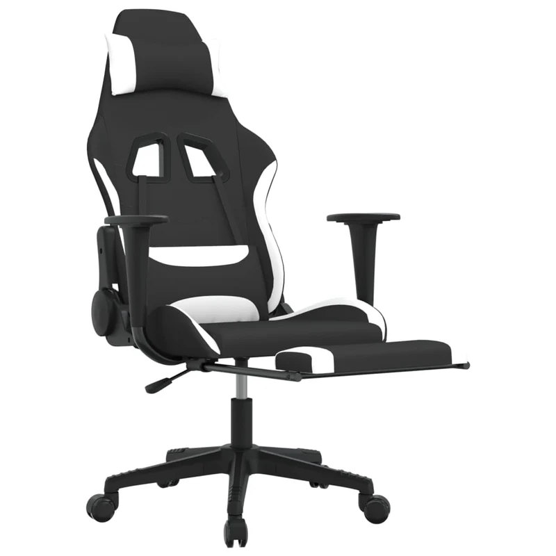 Fauteuil de bureau chaise gaming sur roulettes avec coussin lombaire avec repose-pieds en tissu blanc et noir DEC025833
