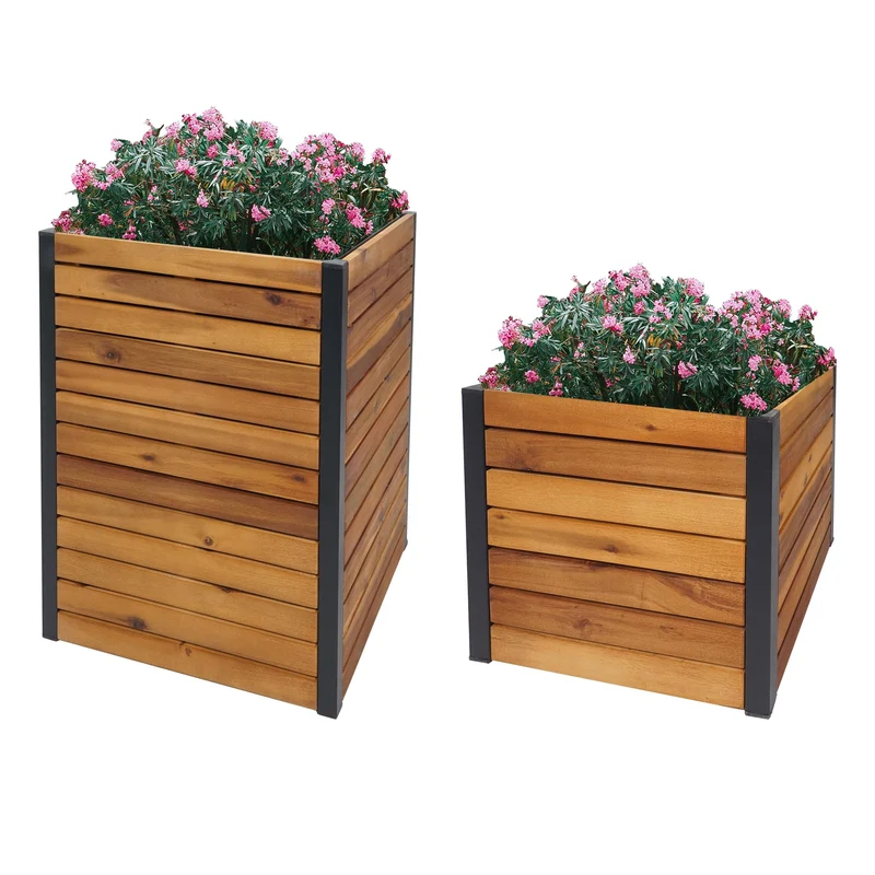 Lot de 2 jardinières pot fleurs pour extérieur en bois d'acacia marron cadre en aluminium 04_0007413