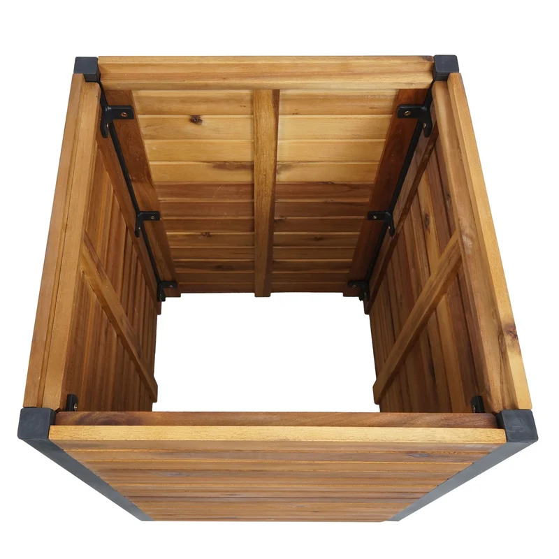 Lot de 2 jardinières pot fleurs pour extérieur en bois d'acacia marron cadre en aluminium 04_0007413