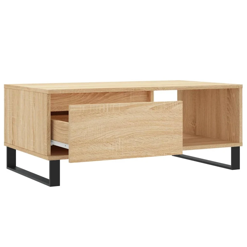 Table basse avec tiroir design moderne et contemporain 90 x 50 x 36,5 cm bois d'ingénierie couleur chêne et métal DEC039045