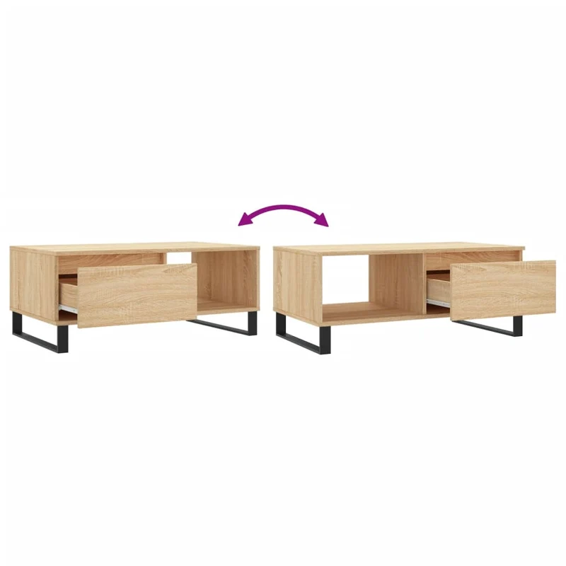 Table basse avec tiroir design moderne et contemporain 90 x 50 x 36,5 cm bois d'ingénierie couleur chêne et métal DEC039045