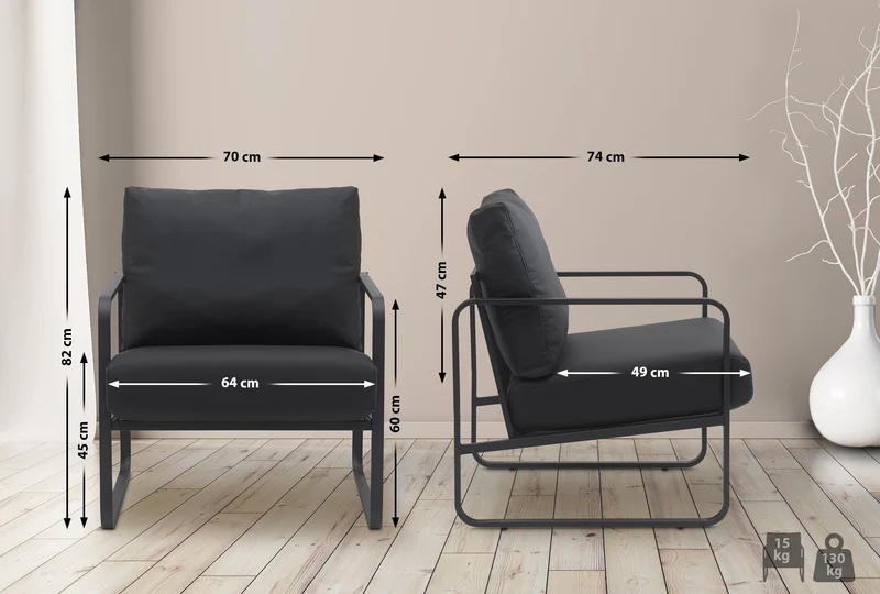 Fauteuil lounge design retro chic en PVC noir et cadre en métal noir mat 10_0002815