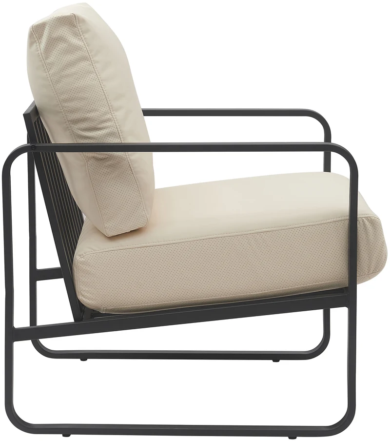 Fauteuil lounge design retro chic en PVC crème et cadre en métal noir mat 10_0002813