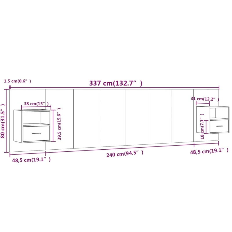 Tête de lit accessoire couchage chambre à coucher meuble avec chevet intégré étagère MDF gris TDL0205817
