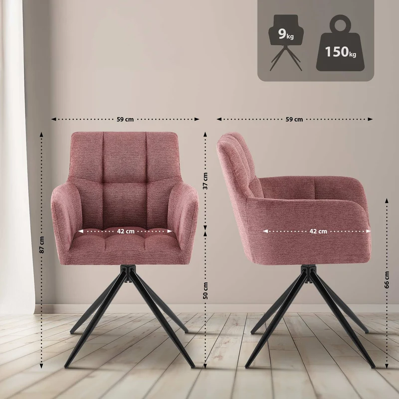 Lot de 2 chaises de salle à manger moderne et confort mécanisme de rotation à 180° en tissu rose et métal 10_0007692
