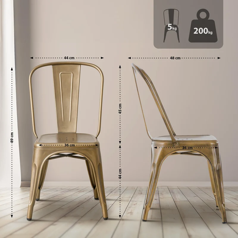 Lot de 4 chaises de salle à manger empilable avec dossier style industriel en métal doré 10_0006231