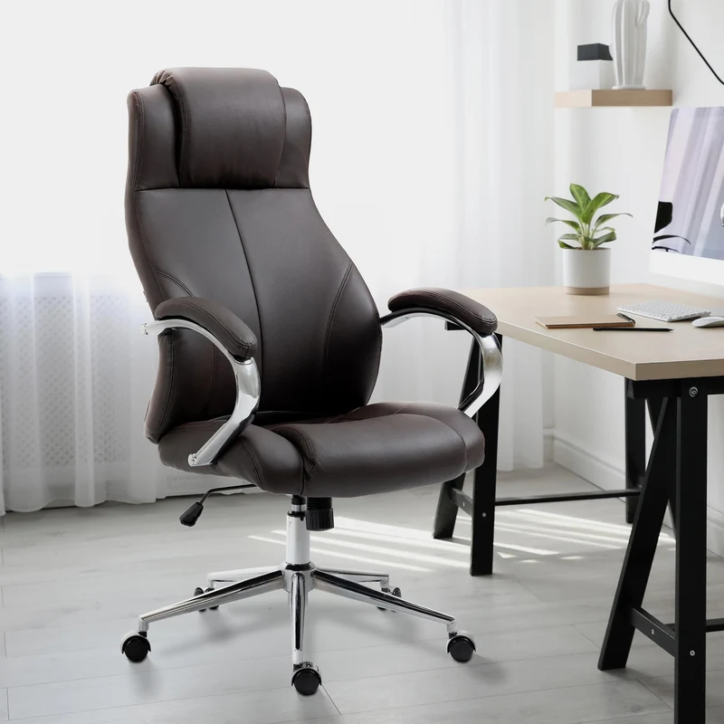 Fauteuil de bureau sur roulettes avec accoudoirs forme ergonomique en véritable cuir marron et métal chromé 10_0002643