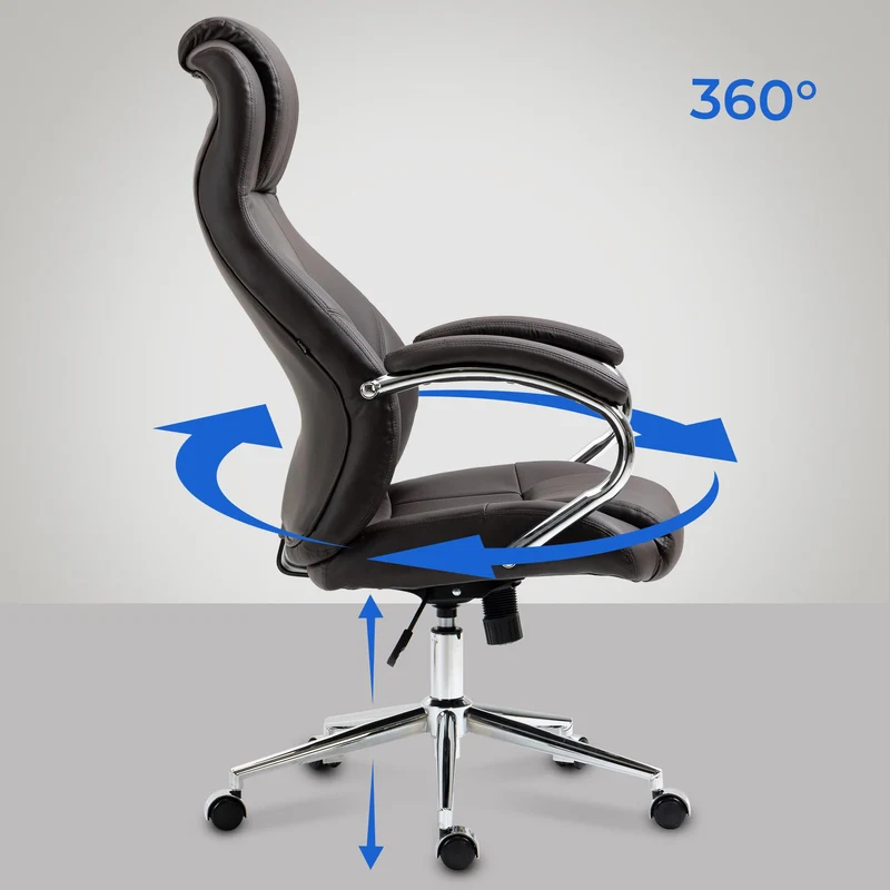 Fauteuil de bureau sur roulettes avec accoudoirs forme ergonomique en véritable cuir marron et métal chromé 10_0002643