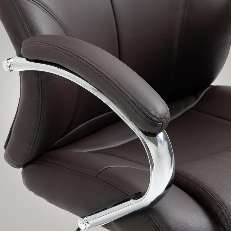 Fauteuil de bureau sur roulettes avec accoudoirs forme ergonomique en véritable cuir marron et métal chromé 10_0002643